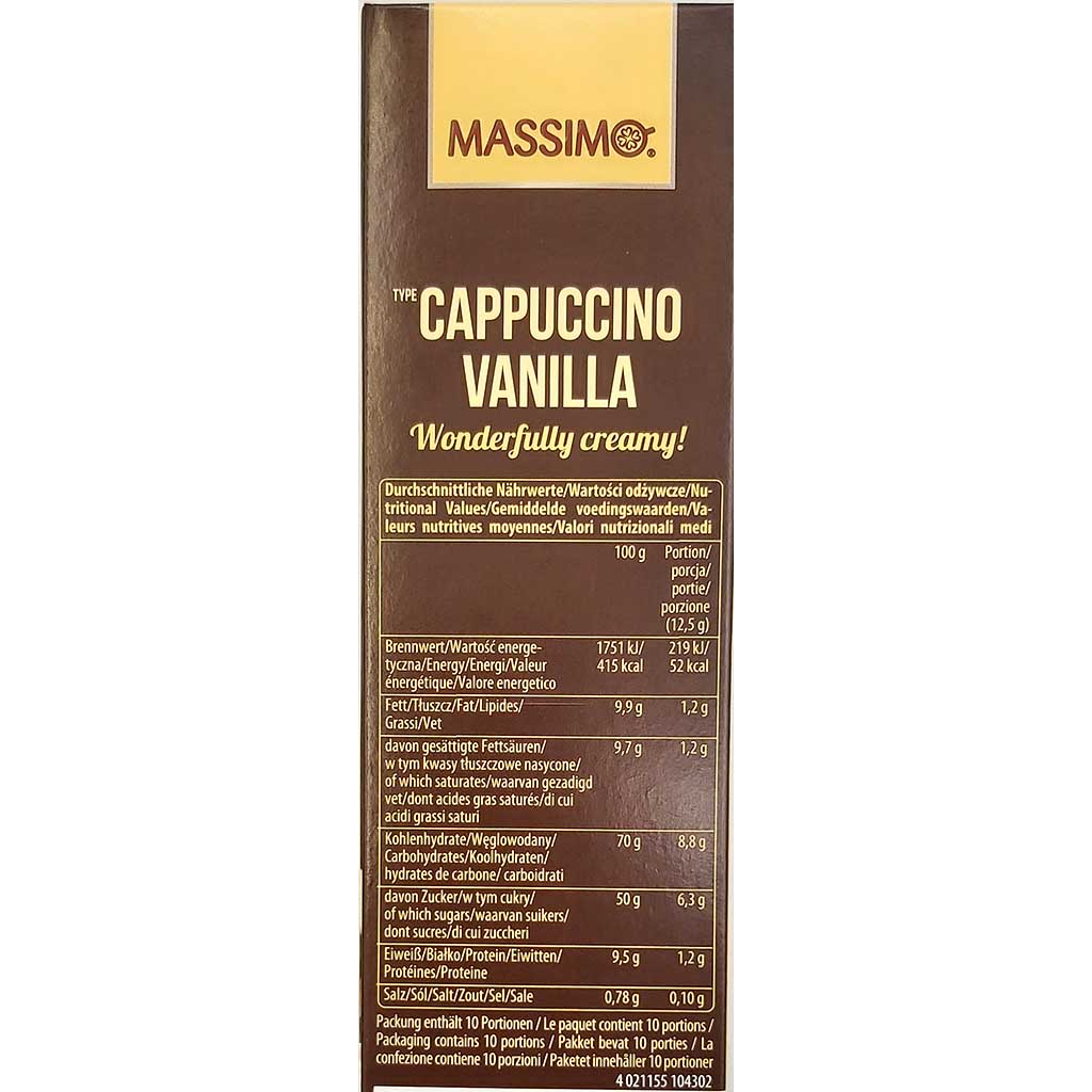 Massimo_Cappuccino_Vanille_10er_instant_side Massimo Cappuccino Vanille 10 Tassen 125g