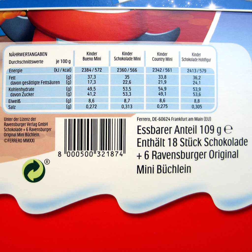 Ferrero Kinder & Ravensburger Adventskalender 2021 Nährwerte