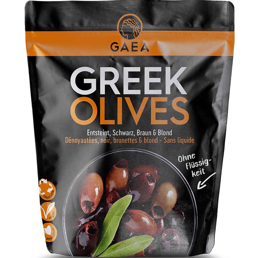 GAEA Greek Olives entsteinte griechische Kalamata Oliven Mix 150g MHD:23.5.25