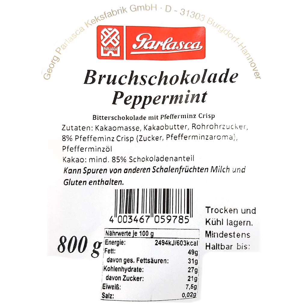 Parlasca Schokoladenbruch Bitterschokolade Peppermint 800g Label