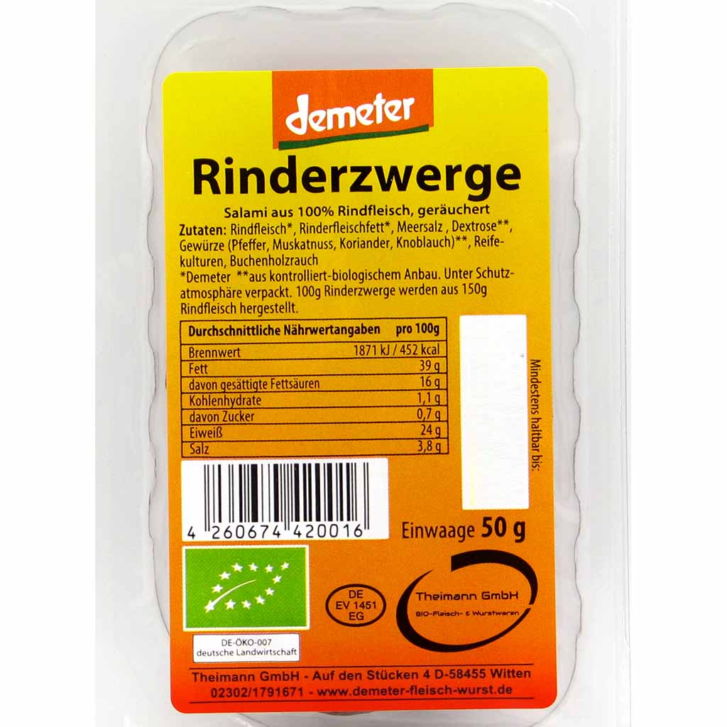 10x Demeter Rinderzwerge Salami aus Rindfleisch á 50g=500g MHD:27.1.21