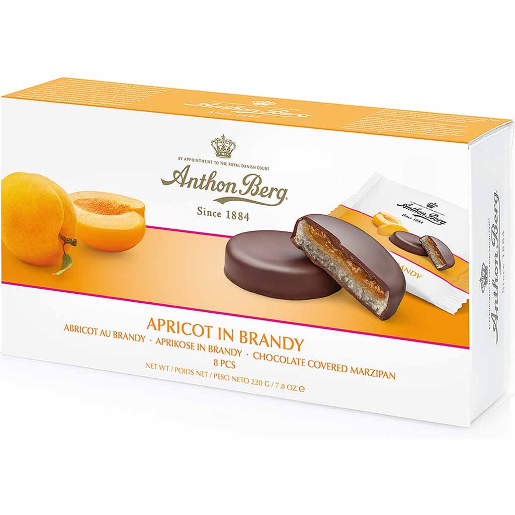Anthon Berg schokoliertes Marzipan Apricot in Brandy 220g MHD:6.4.25
