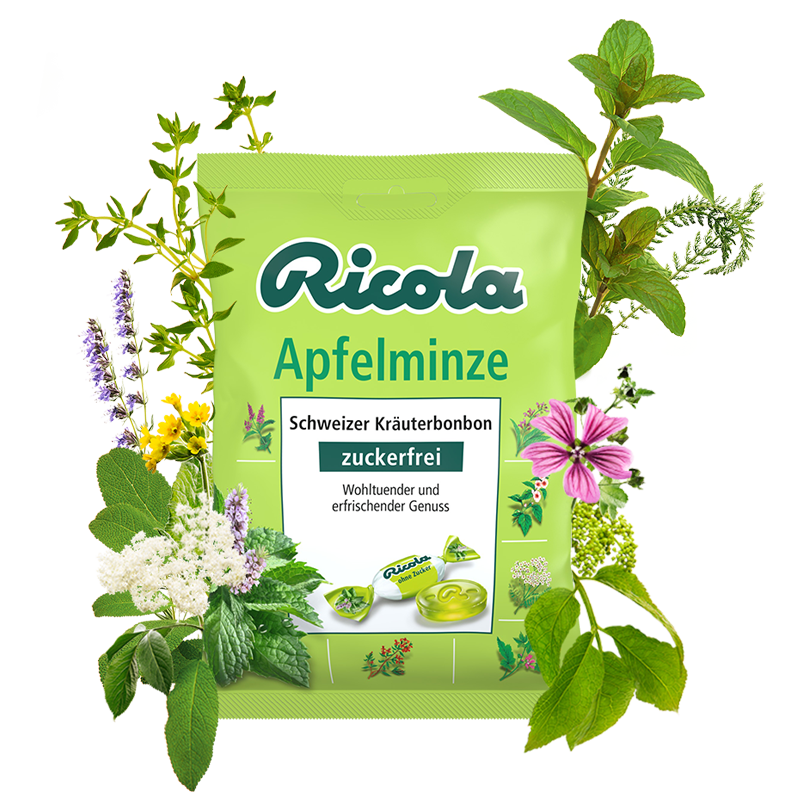 Ricola Apfelminze Bonbon Zuckerfrei, 75g Beutel MHD:30.11.25