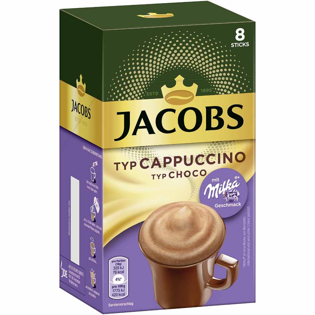 Jacobs Sticks Cappuccino Choco Milka 8x18g=144g MHD:31.8.23