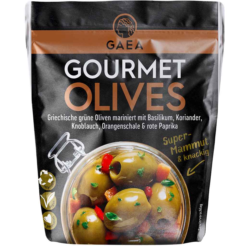 GAEA Gourmet grüne Oliven mariniert 120g MHD:11.10.24