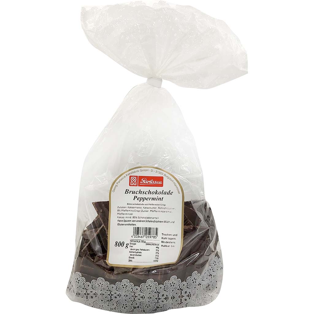 Parlasca Schokoladenbruch Bitterschokolade Peppermint 800g