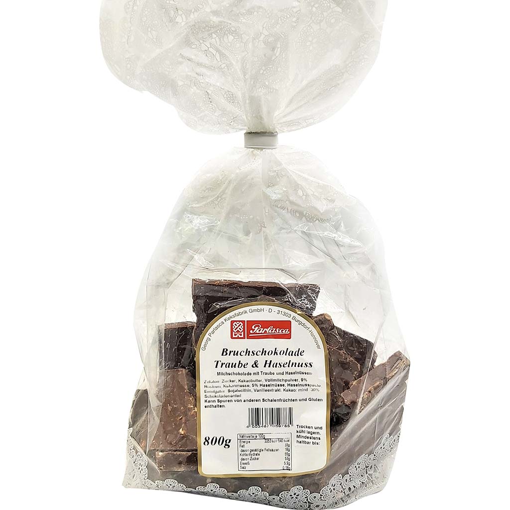 Parlasca Schokoladenbruch Milchschokolade Traube und Haselnuss 800g