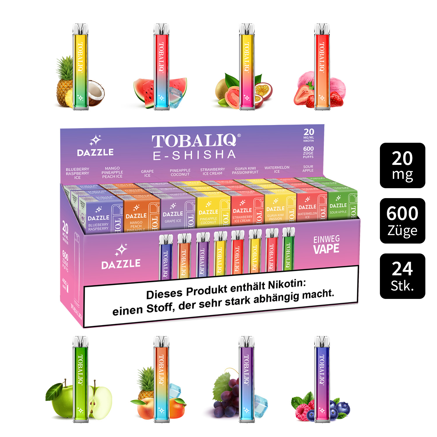 TobaliQ E-Shisha DAZZLE 600Puffs – 20mg Nikotin – 24er MIXDISPLAY