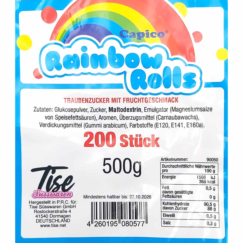 Traubenzucker_Rollen_200er_Pack_500g_Zutaten Capico Rainbow Rolls Traubenzucker Rollen 200er Pack 500g