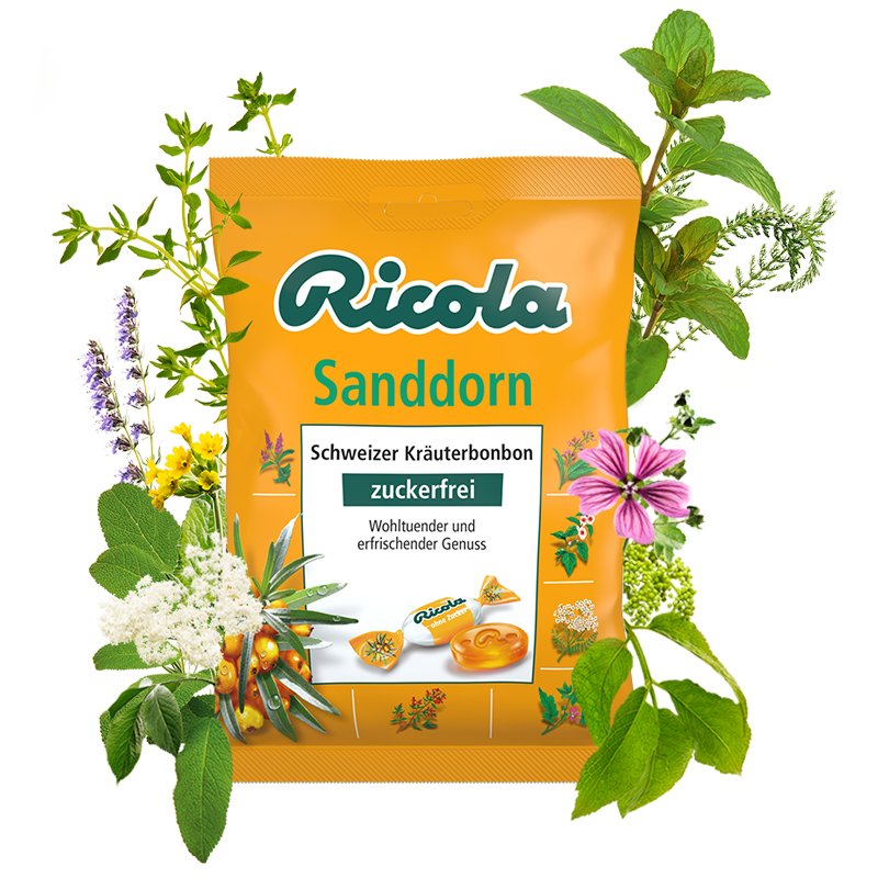 Ricola Sanddorn Bonbon Zuckerfrei, 75g Beutel MHD:30.11.22