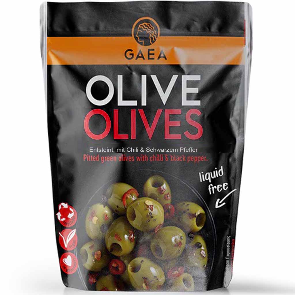 GAEA Greek Olives entsteinte griechische Oliven mariniert mit Chili & schwarzen Pfeffer 150g MHD:25.