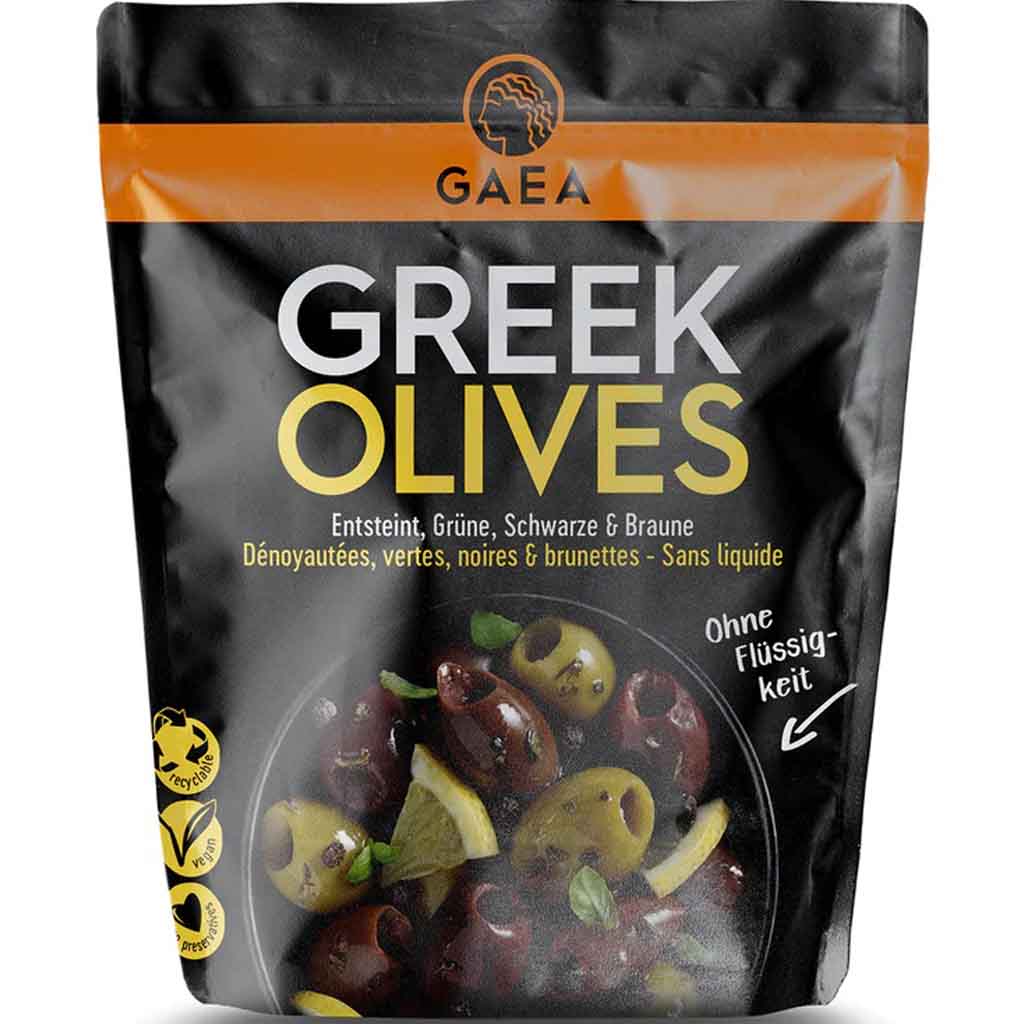 GAEA Greek Olives entsteinte griechische Oliven mariniert mit Zitrone & Basilikum 150g MHD:20.5.25