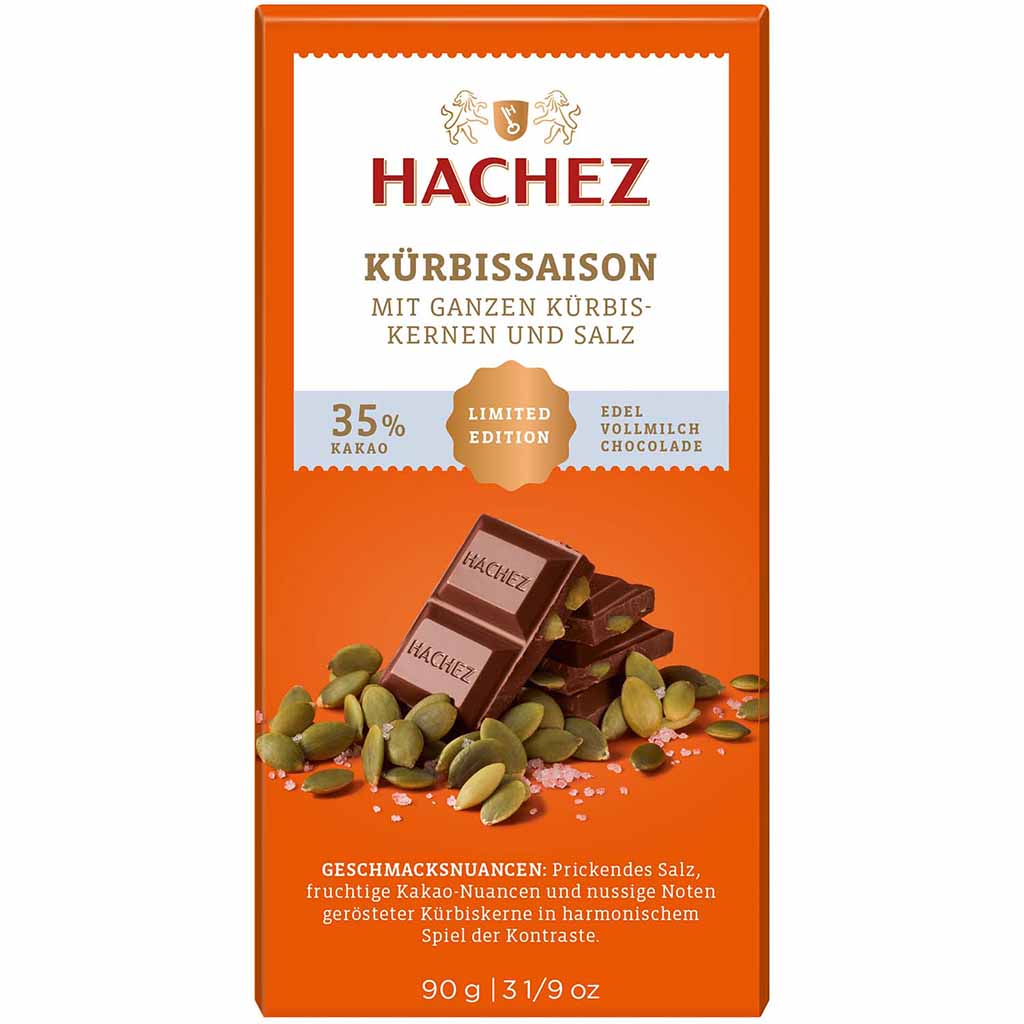 Hachez Tafelschokolade Kürbissaison Kürbiskerne & Salz 90g MHD:17.6.23